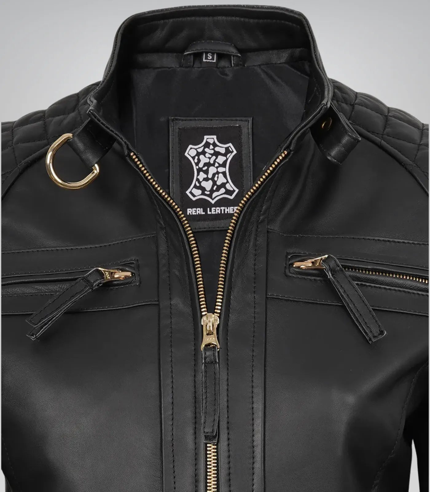 Black leather biker jacket for women – premium lambskin with gold accents