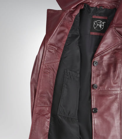 Stylish women’s burgundy leather blazer featuring three-button design