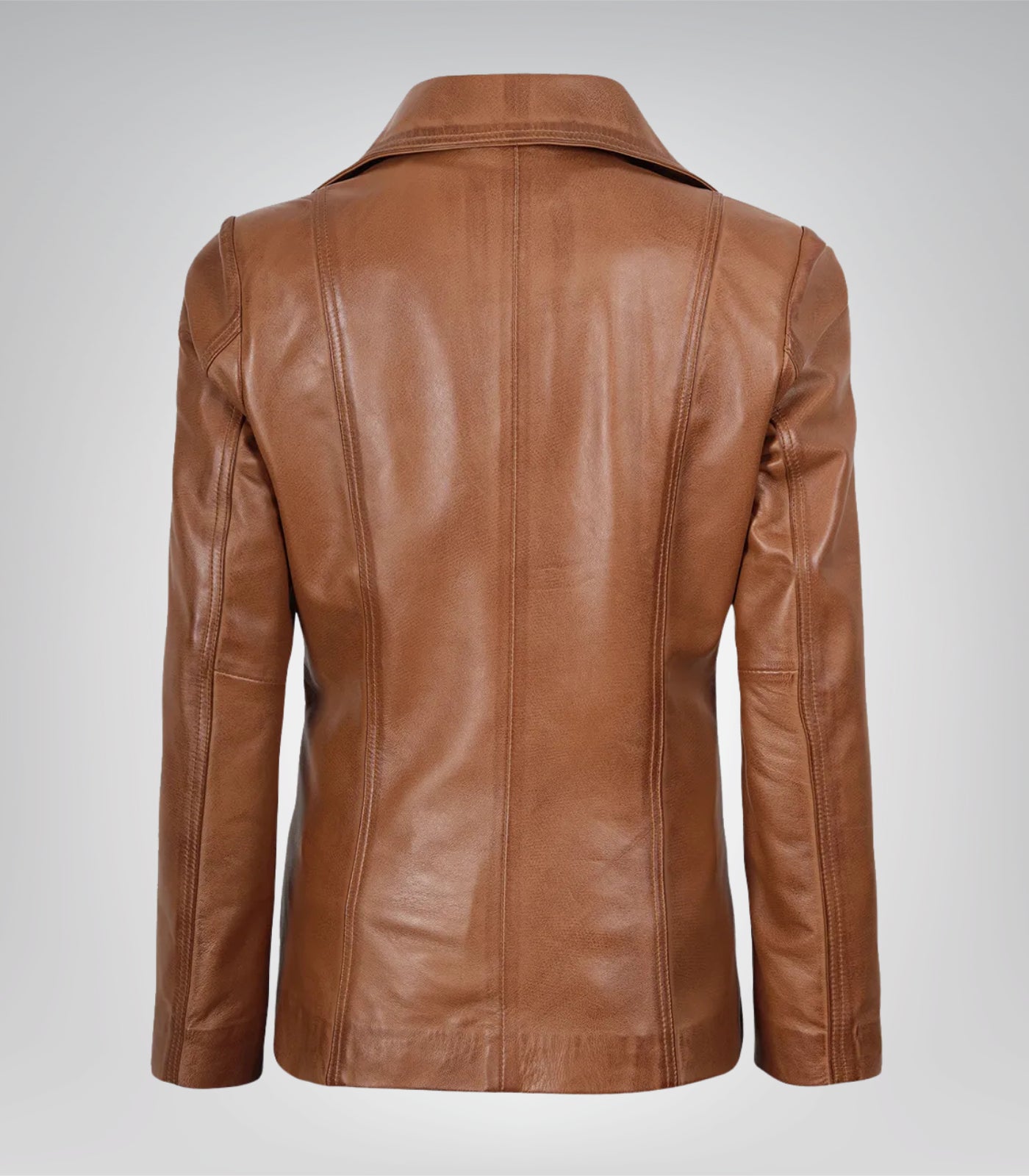 Stylish women’s tan leather blazer featuring two-button design