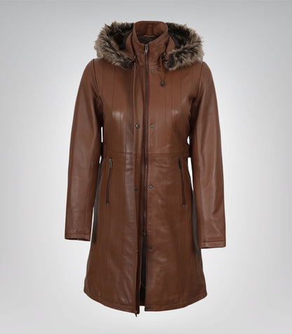 Women’s Brown Leather Coat with Removable Hood and Faux Fur Trim