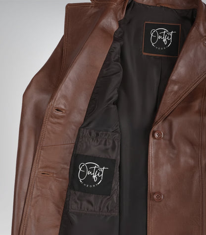 Stylish women’s cognac leather blazer crafted from lambskin