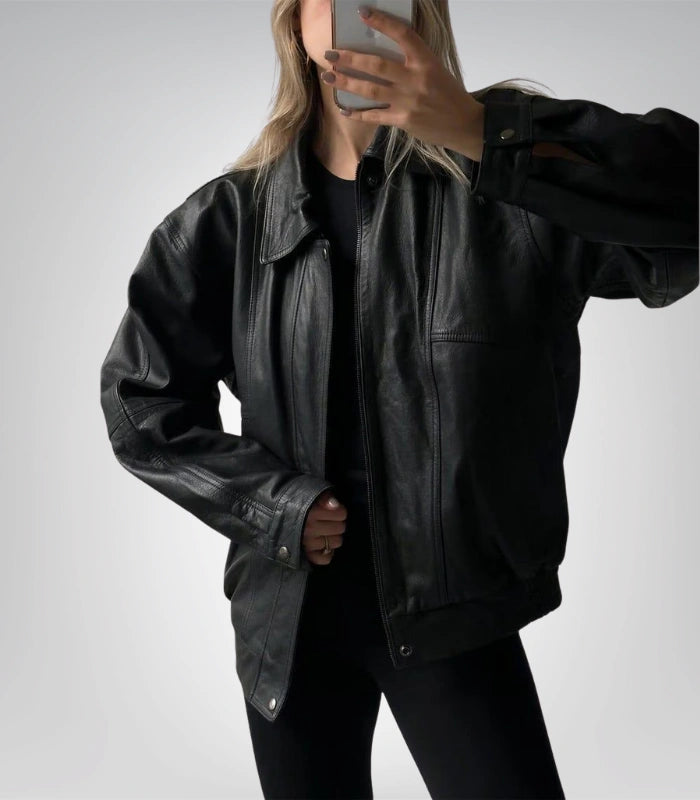90s Vintage Black Lambskin Leather Bomber Jacket
