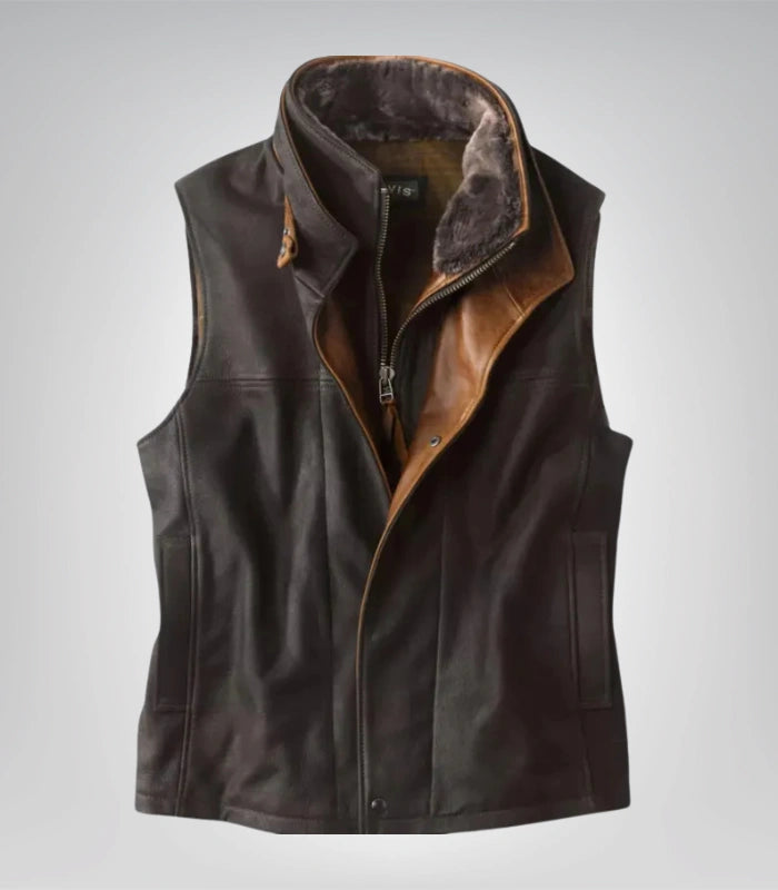 Vintage leather vest – cowboy western design with shearling collar