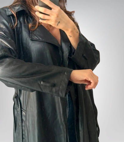 Elegant black leather trench coat – vintage longline jacket with belt