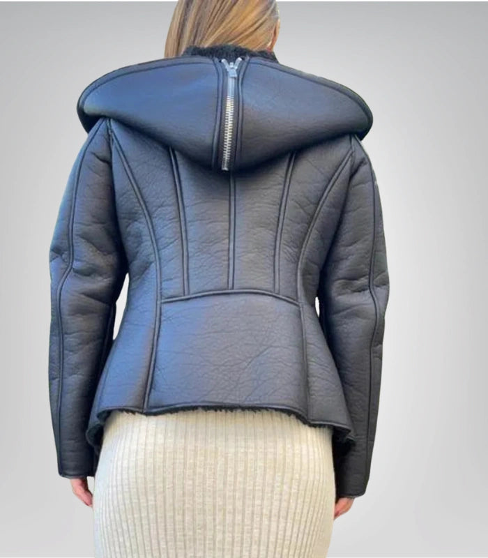 Stylish black leather moto jacket – shearling lining and peplum waist