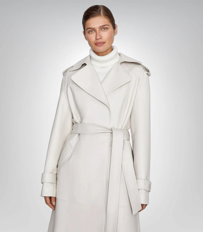Stylish off-white leather trench coat – women’s elegant outerwear