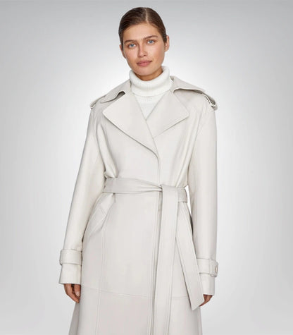 Stylish off-white leather trench coat – women’s elegant outerwear