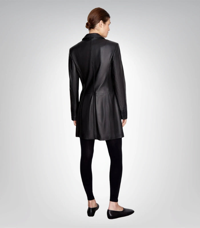 Women’s Black Leather Trench Coat Long Elegant Leather Coat