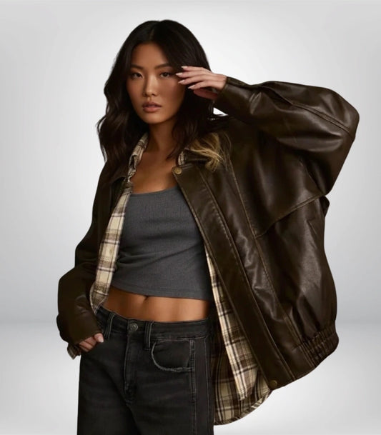1990s oversized distressed brown leather jacket – vintage boxy fit