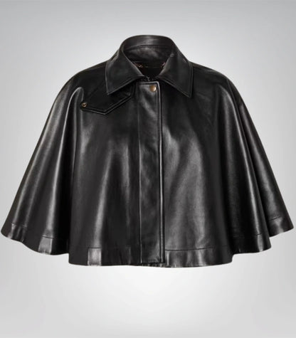 Women’s luxury leather cape – handmade black button closure outerwear