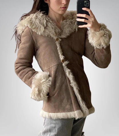 Premium sheepskin suede hooded coat – women’s handmade vintage Afghan design