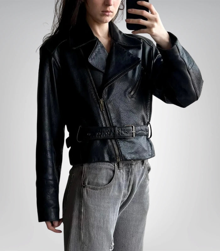 Classic women’s black leather motorcycle jacket – handmade racer style