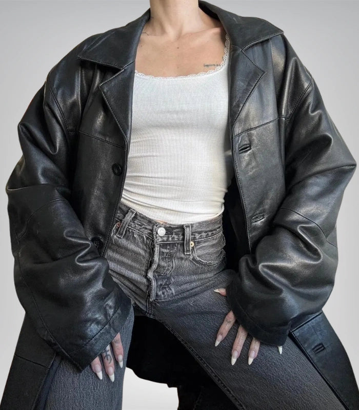 Premium women’s sheepskin leather coat – black long vintage outerwear