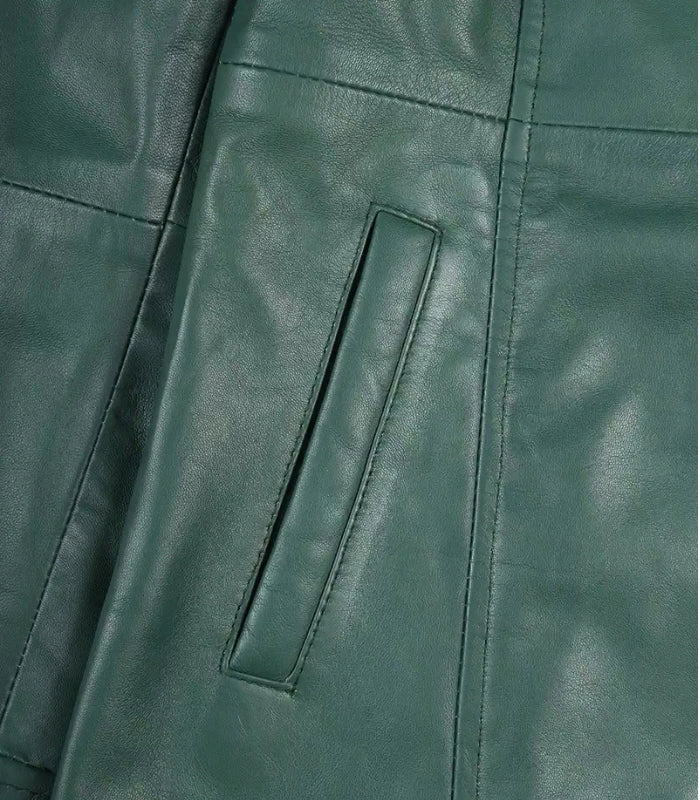 Women's Genuine Leather Mid-Length Green Coat with Buttons