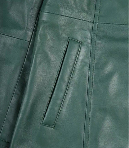 Women's Genuine Leather Mid-Length Green Coat with Buttons