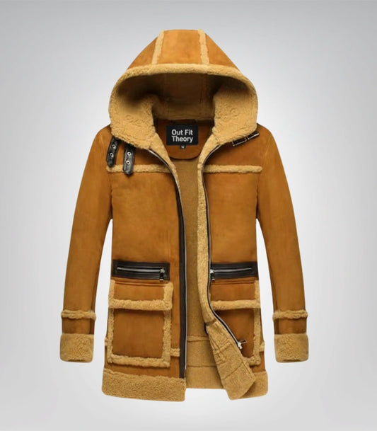 Men's Suede Leather Shearling Bomber Jacket Hooded Winter Coat