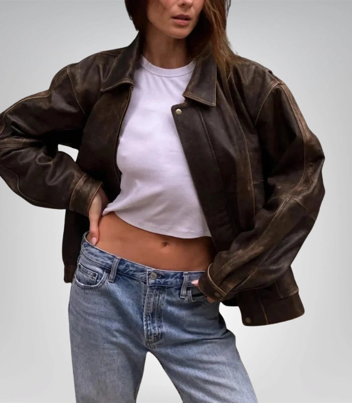 Brown lambskin bomber jacket for women – oversized casual style