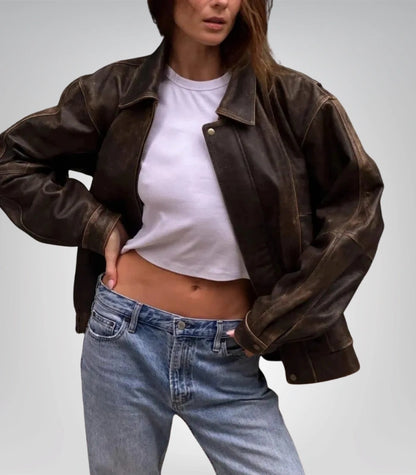 Brown lambskin bomber jacket for women – oversized casual style