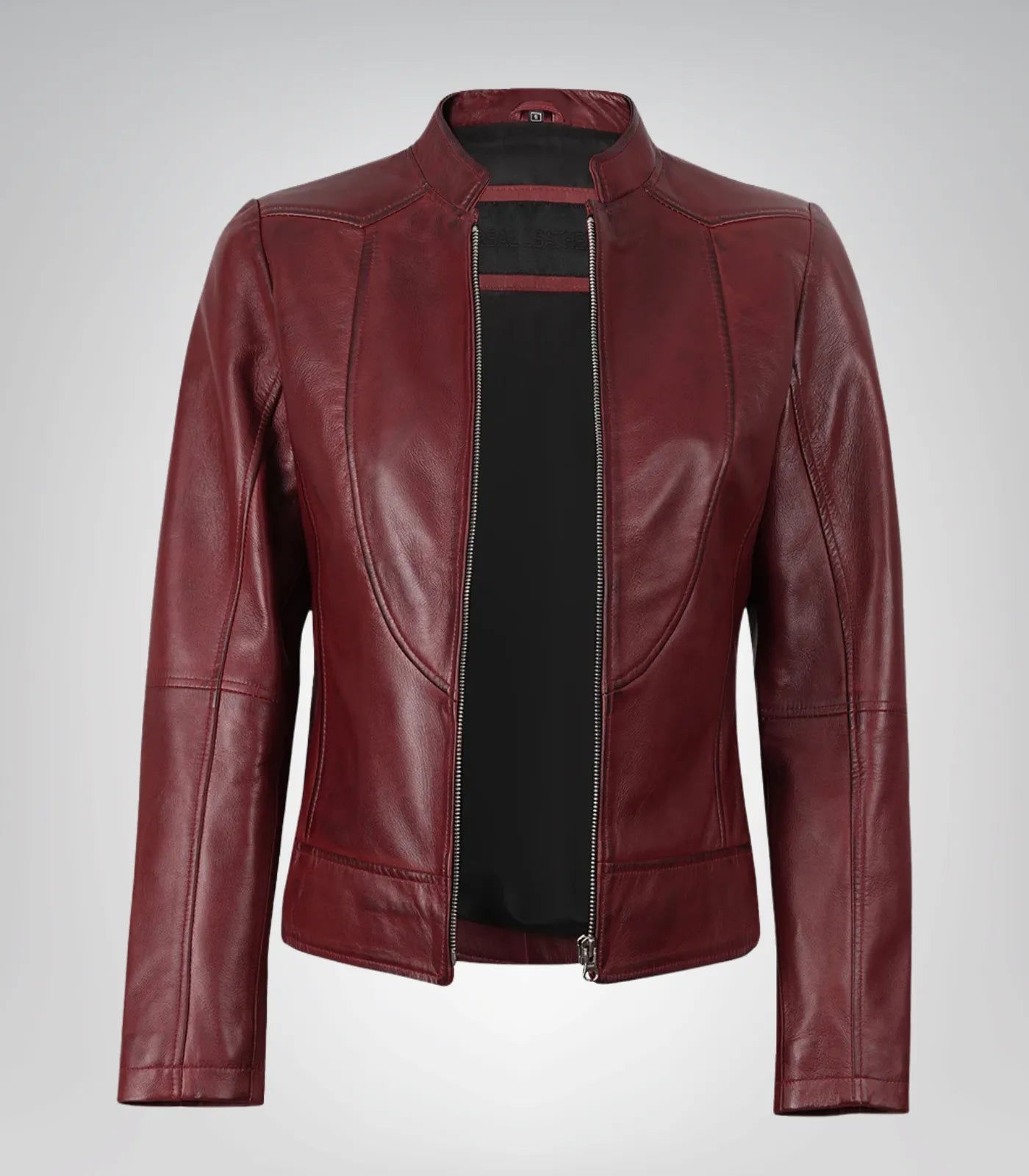 Slim fit burgundy leather jacket for women – premium lambskin moto outerwear