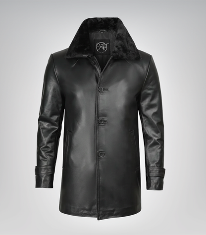 Men’s Classic Black Leather Long Coat – 3/4 Length with Shearling Style Collar