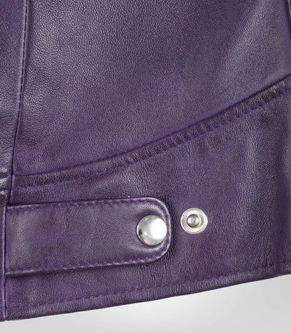 Dodge women’s genuine purple lambskin leather biker jacket