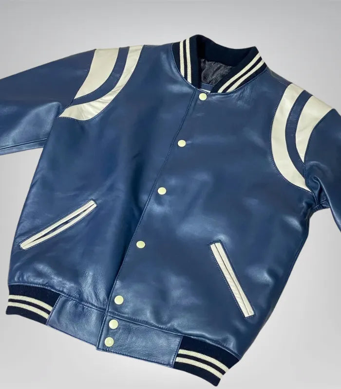 Premium men’s navy blue varsity bomber – leather all-season jacket