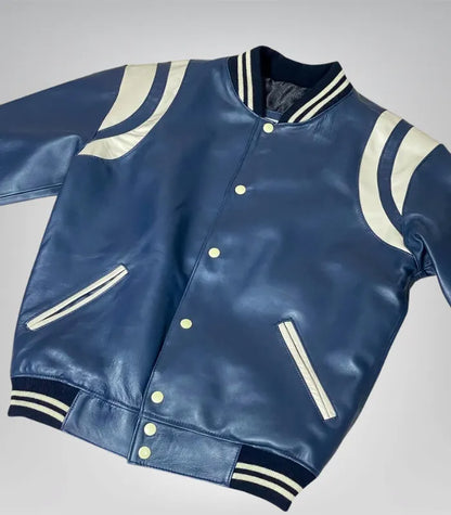 Premium men’s navy blue varsity bomber – leather all-season jacket