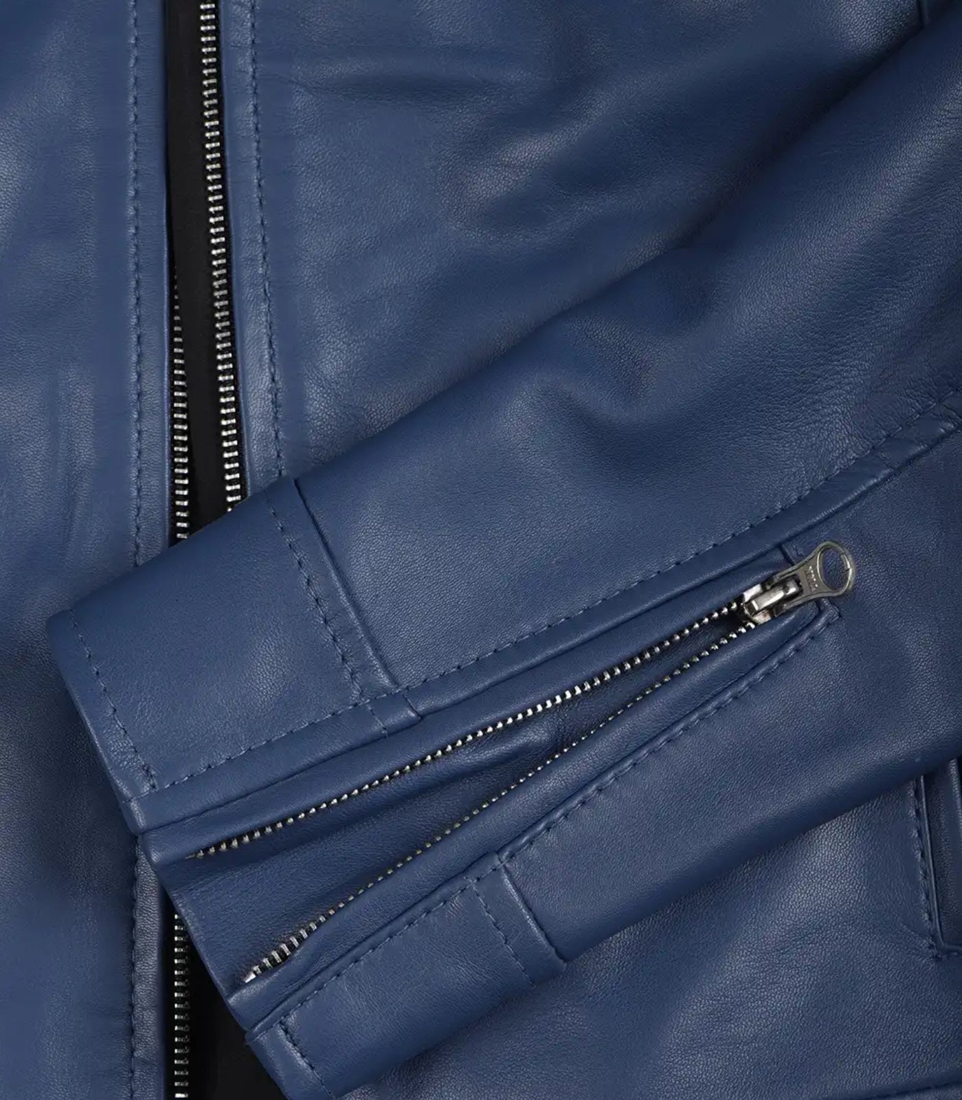 Women’s genuine blue leather biker jacket – modern fit design