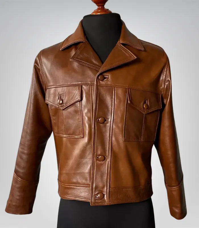 Classic men’s brown leather café racer jacket – 90s retro sheepskin biker outerwear
