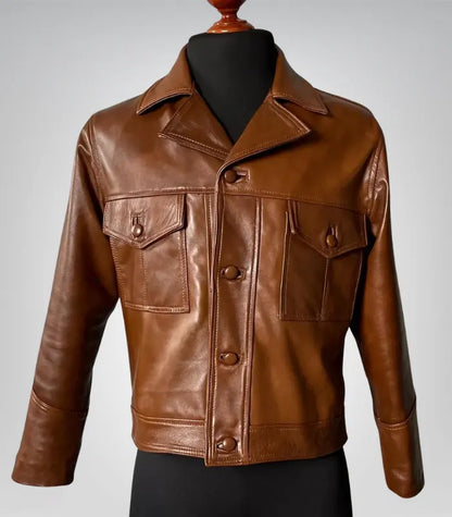 Classic men’s brown leather café racer jacket – 90s retro sheepskin biker outerwear