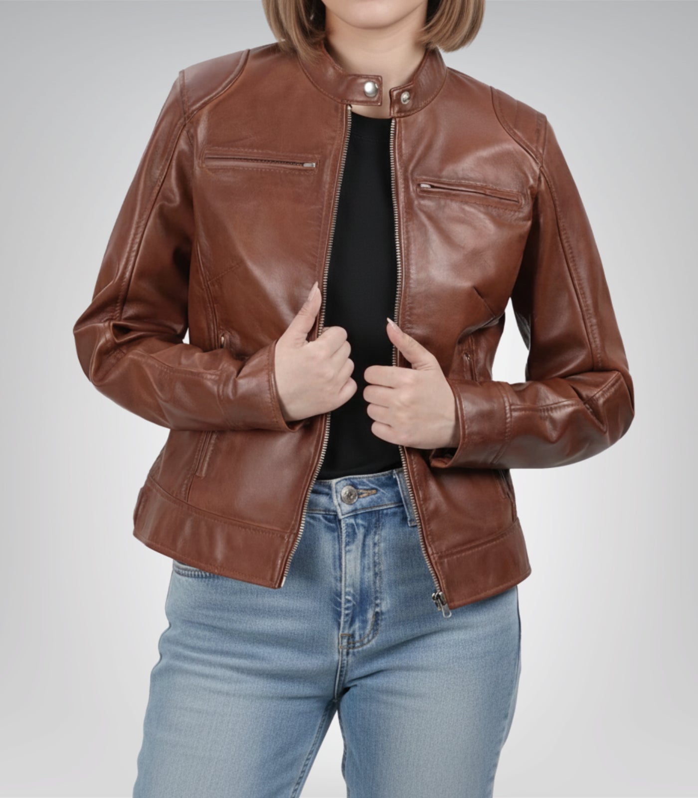 Women's Cognac Waxed Motorcycle-Style Leather Jacket