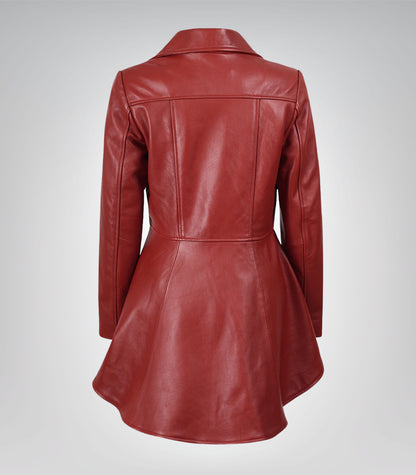Women’s genuine red leather peplum jacket with diagonal front closure