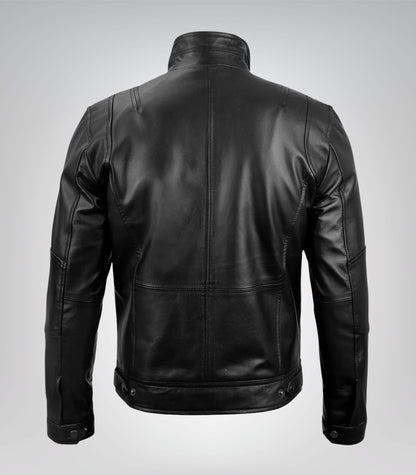 Black tailored-fit leather moto jacket for men