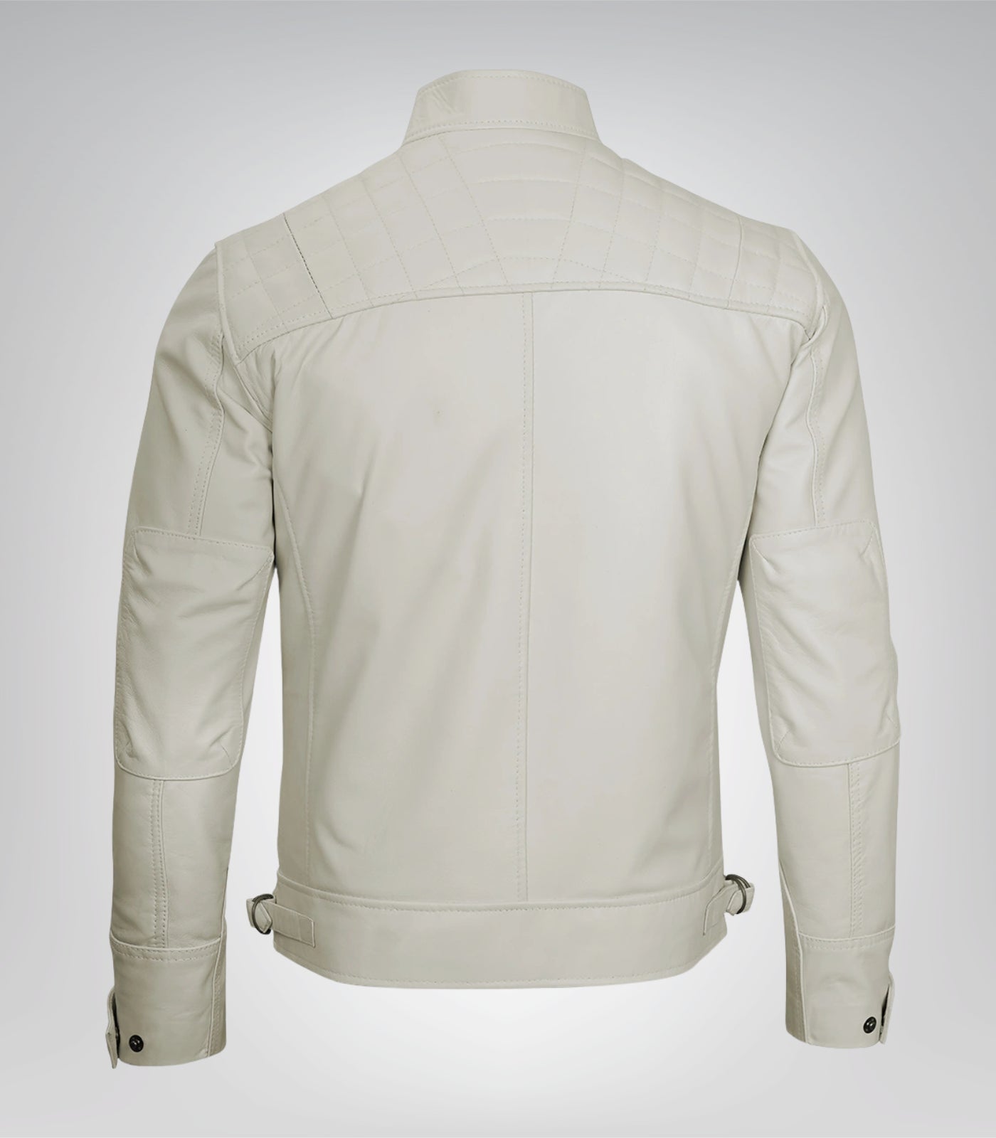 Men’s off-white moto-style leather jacket with quilted pattern
