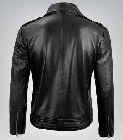 Classic men’s asymmetrical black leather jacket – premium moto biker style with belt