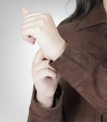 Women’s Dark Brown Suede Leather Coat – Classic Button-Down Long Style
