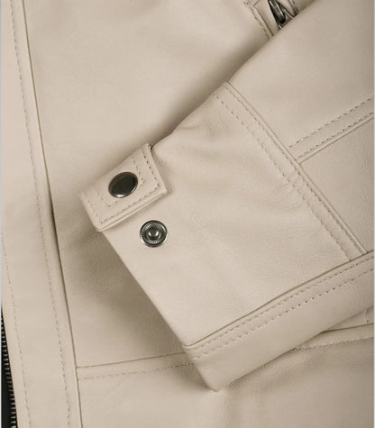 Premium beige men’s leather jacket with quilted biker shoulders