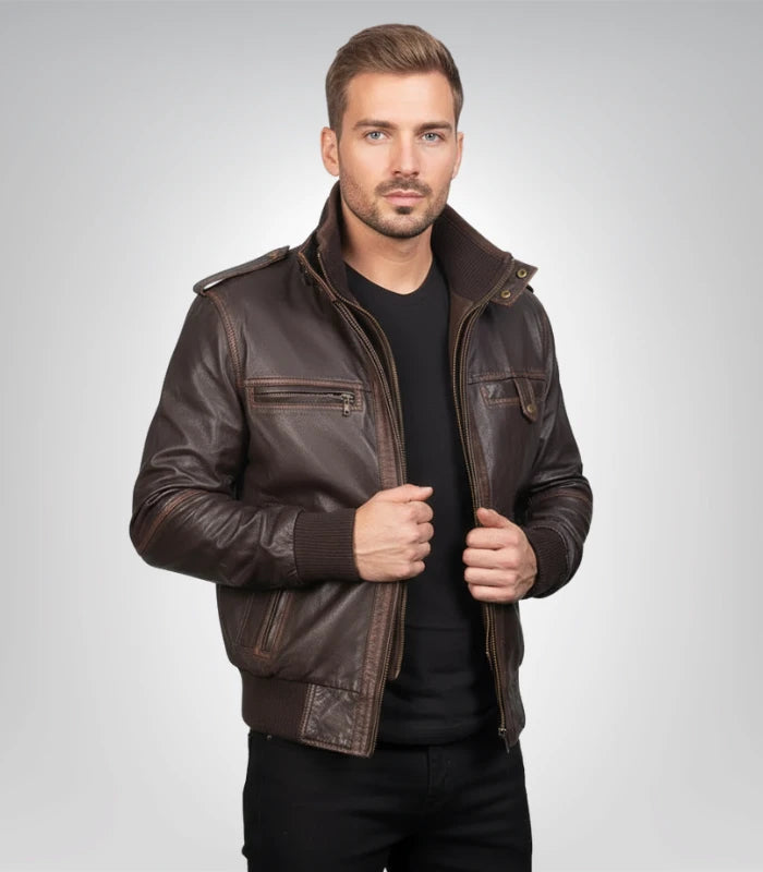 Glen Street Brown Leather Bomber Jacket