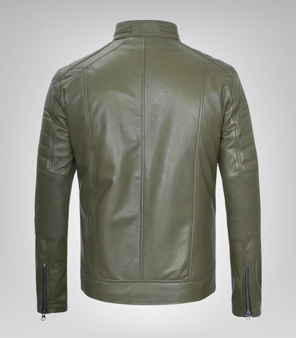 Trendy men’s olive green genuine leather motorcycle jacket