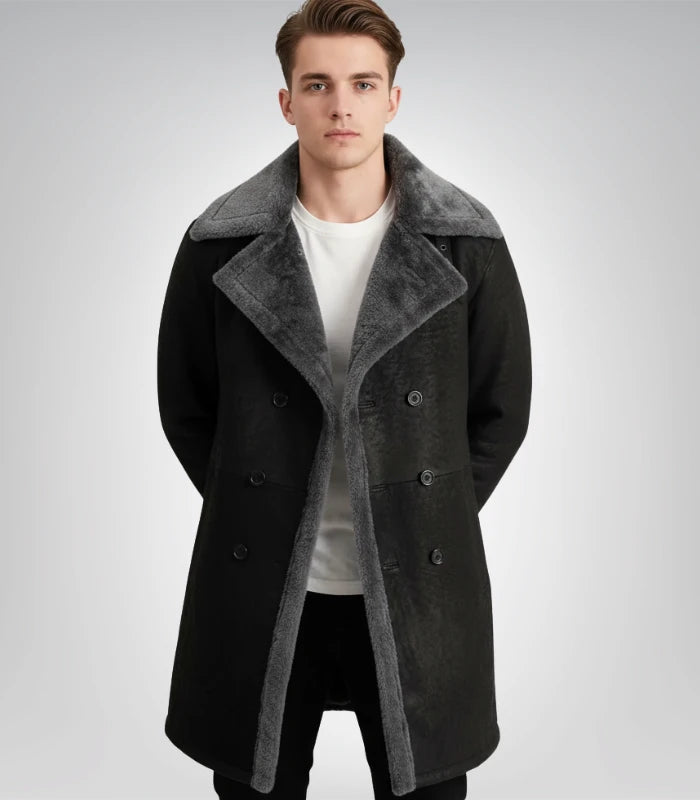 Charles Distressed Black Leather Shearling Double-Breasted Coat