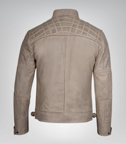 Trendy men’s leather motorcycle jacket in warm beige