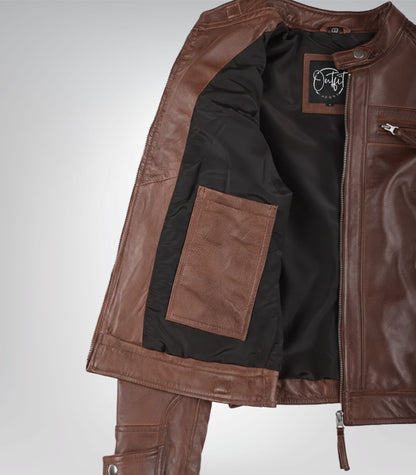Genuine cognac leather biker jacket for women with quilted shoulders