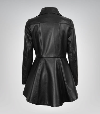 Black genuine leather jacket for women with peplum detailing