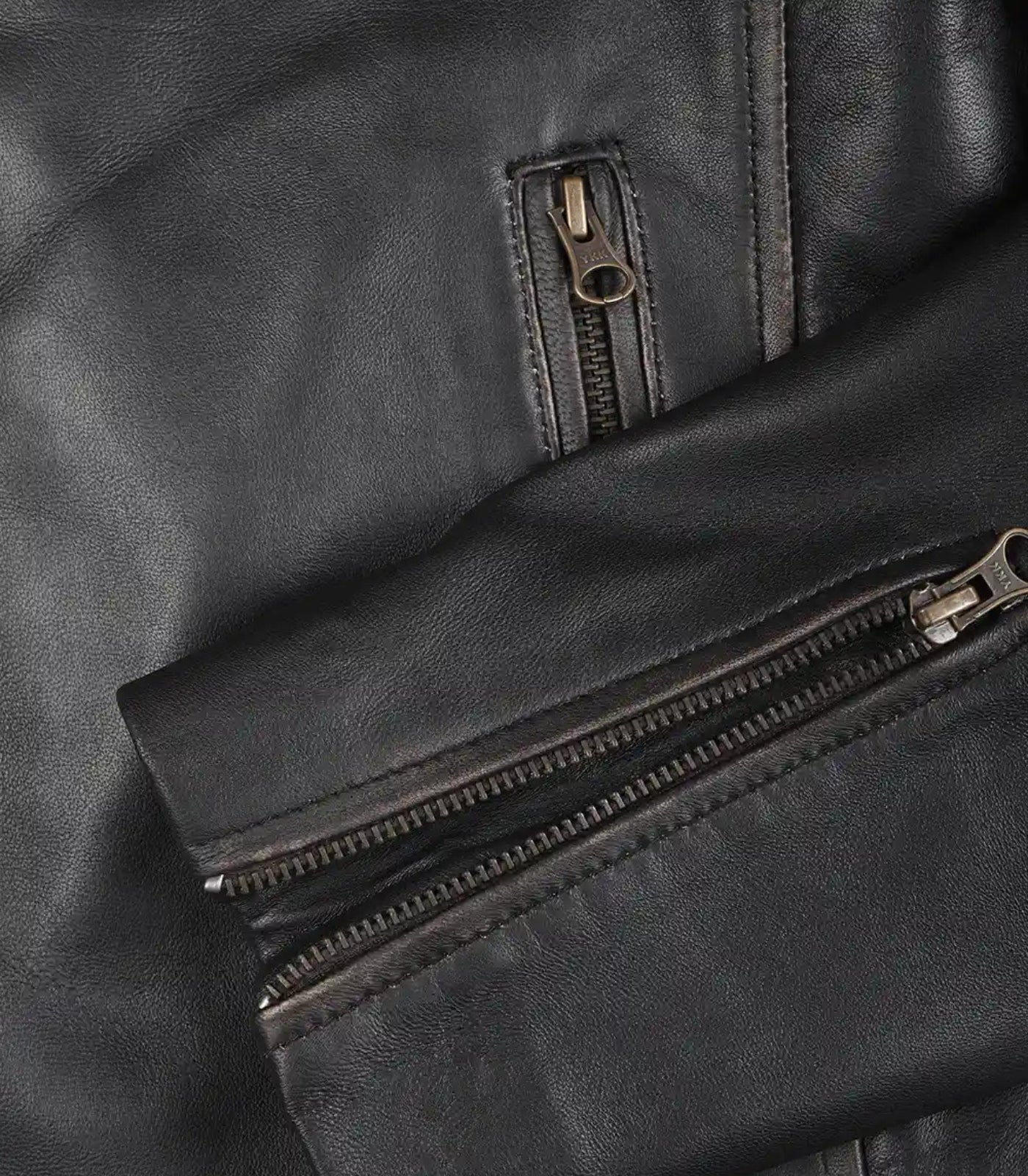 Trendy men’s brown leather motorcycle jacket with distressed look