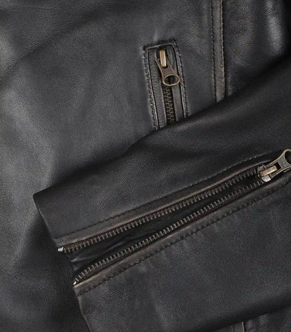 Trendy men’s brown leather motorcycle jacket with distressed look