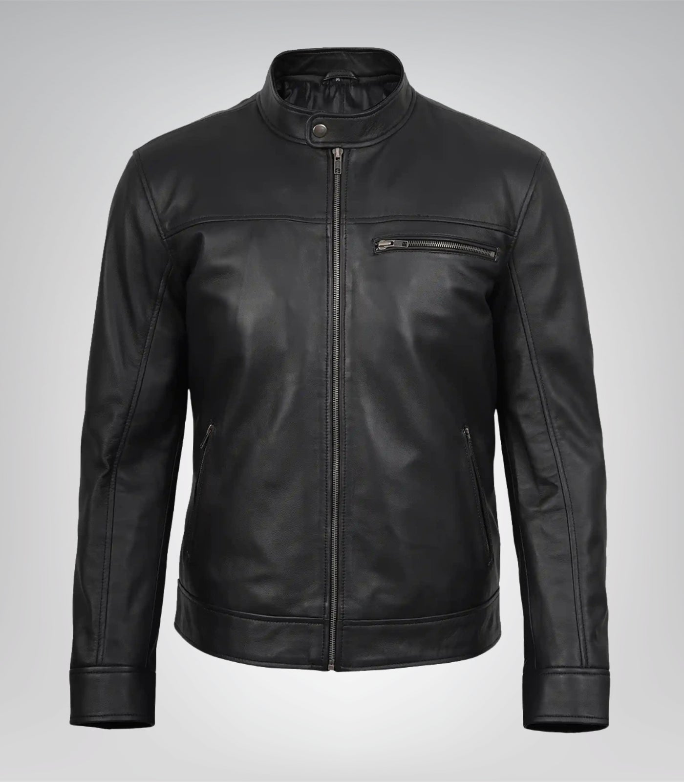 Trendy men’s black motorcycle leather jacket with biker style