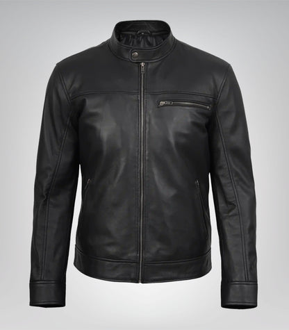 Trendy men’s black motorcycle leather jacket with biker style