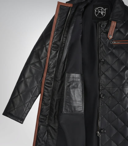 Black quilted leather long coat for women with brown contrast accents