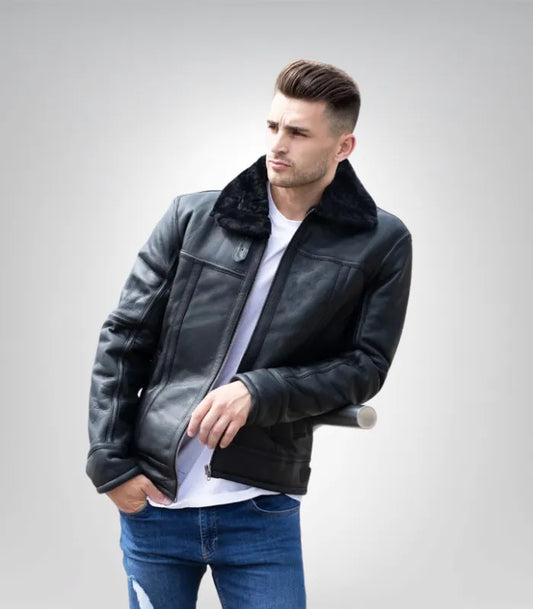 Men’s black B3 shearling aviator jacket – real sheepskin leather bomber coat