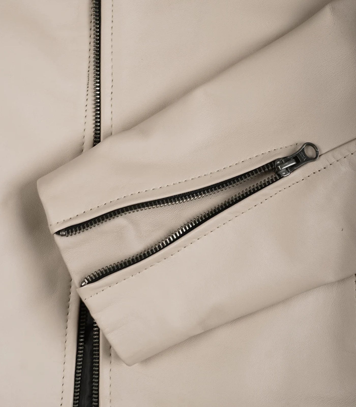 Beige Leather Biker Jacket for Men featuring a Mandarin Collar